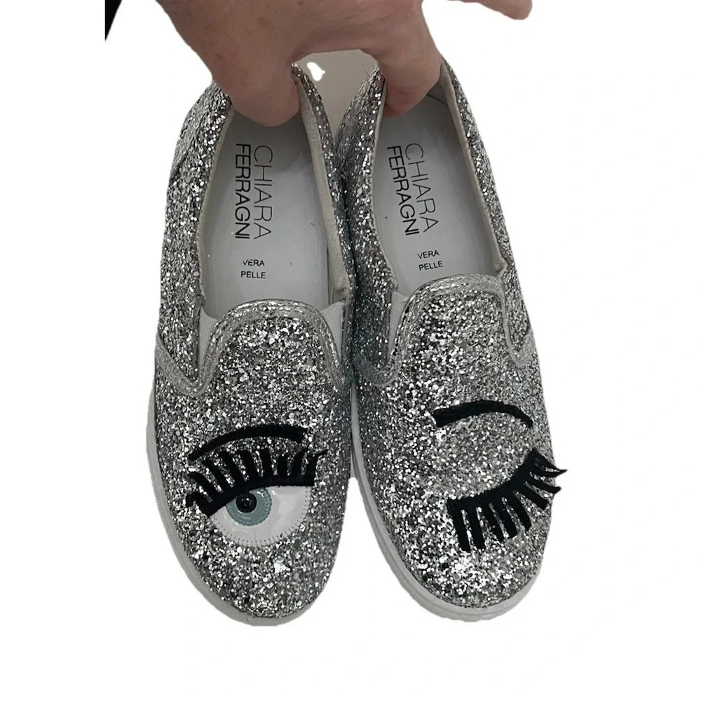 #81 Chiara Ferragni Sz 36 Flirting Loafer Silver Glitter Leather Wink Eye Shoes